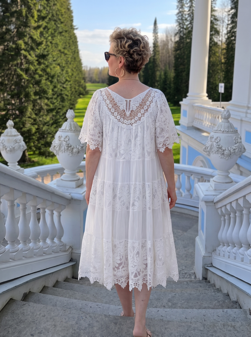 Amore| Dantel Detaylı Katmanlı Vintage Elbise Beyaz