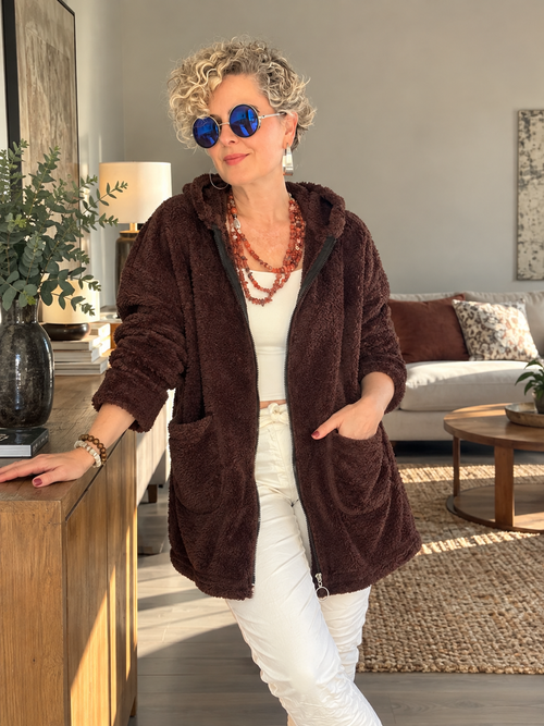 Nessa | Kapüşonlu Oversize Polar Peluş Hırka Kahverengi görsel 1