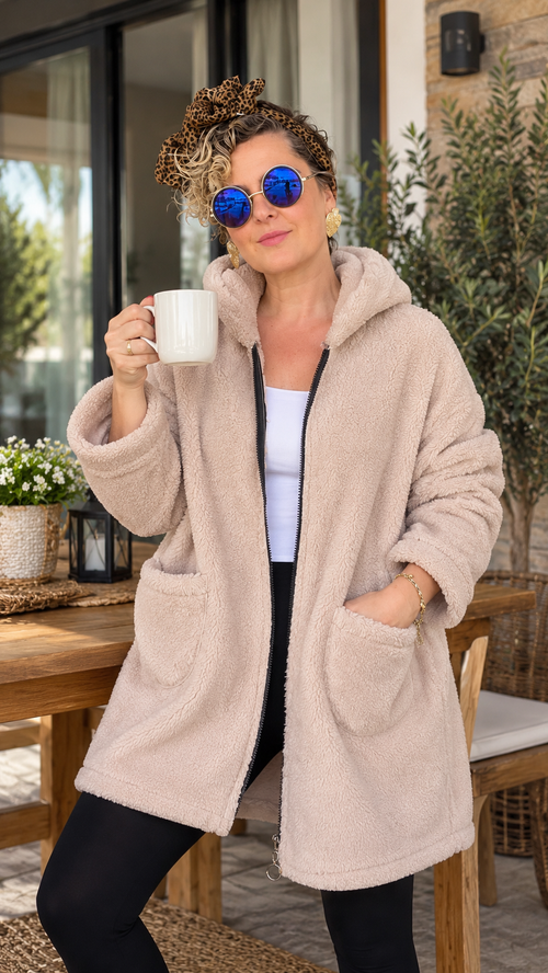 Nessa | Kapüşonlu Oversize Polar Peluş Hırka Açık Bej görsel 1