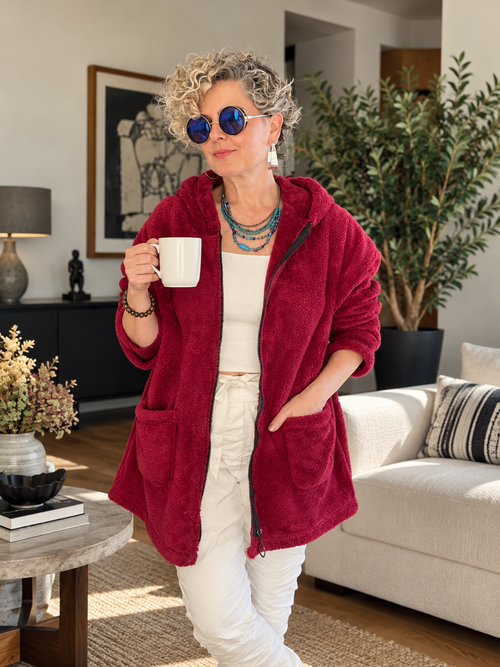 Nessa | Kapüşonlu Oversize Polar Peluş Hırka Vişne görsel 1