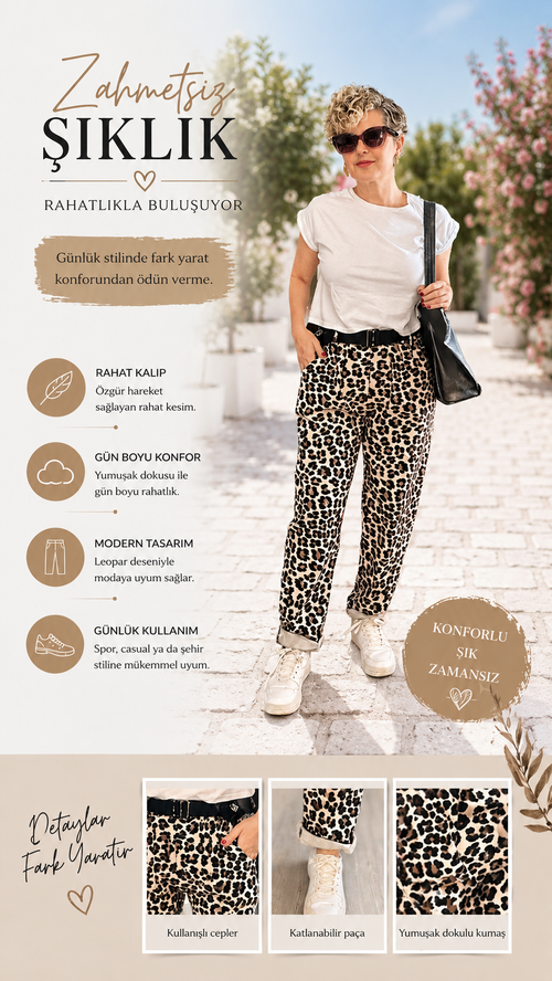 Senly İtalyan Leopar Kemerli Pantolon Bej