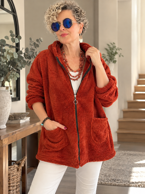 Nessa | Kapüşonlu Oversize Polar Peluş Hırka Kiremit görsel 1