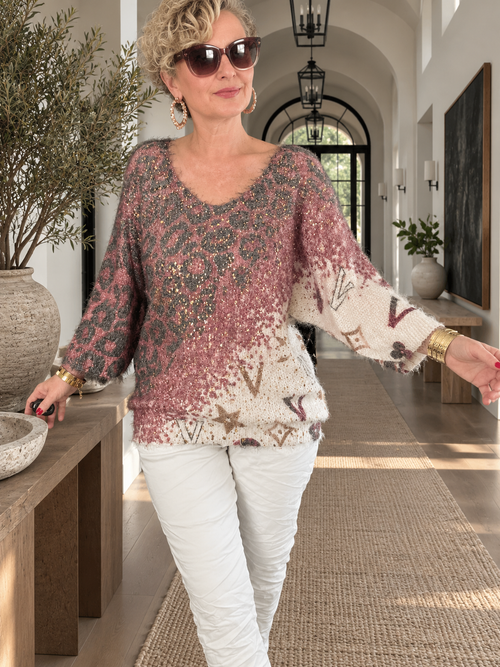 Mirro | İthal Yaldızlı Leopar Desen Truvakar Triko Bluz Bordo