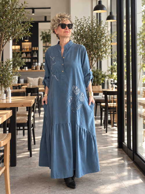 Lecco | İthal %100 Kadife Aplike Nakışlı Maksi Elbise Jeans Mavi