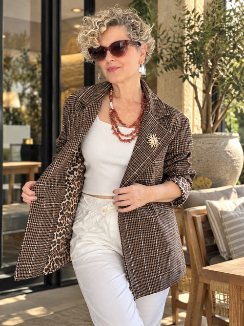 Leon | İthal Leopar Astarlı Ekose Blazer CeketKahve görsel 1