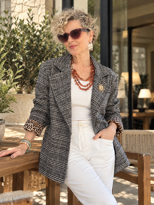 Leon | İthal Leopar Astarlı Ekose Blazer Ceket Gri Melanj görsel 3