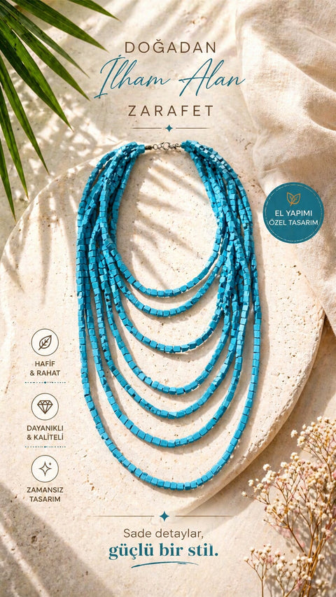 Baby Blue Tahta Otantik Sekiz Sıra Kolye - Fifty Butik