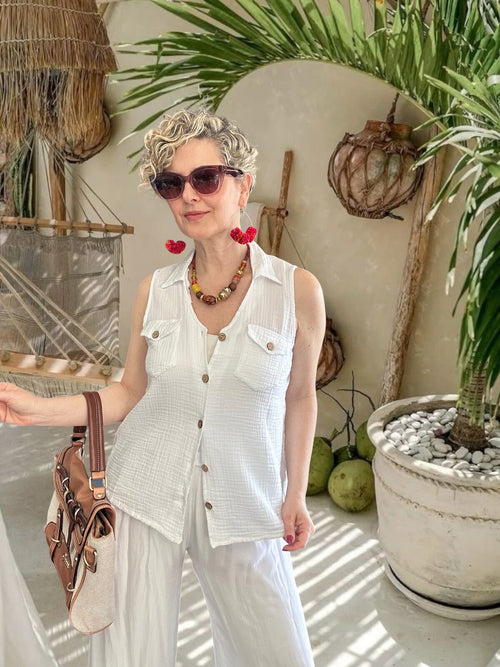 Bellas Artizan Tasarım V Yaka Düğmeli Yelek Beyaz