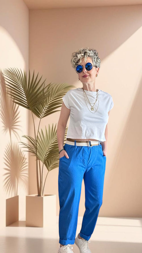 Betty İtalyan Balon Kemerli Pantolon Saks Royal