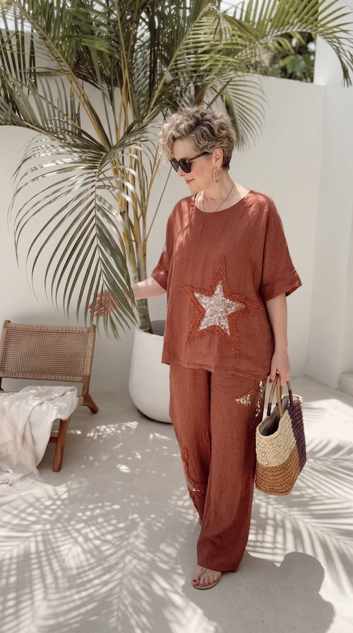 Dolce | Payet Yıldız Detaylı %100 Linen İkili Takım Cinnamon - Fifty Butik