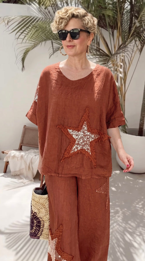 Dolce | Payet Yıldız Detaylı %100 Linen İkili Takım Cinnamon