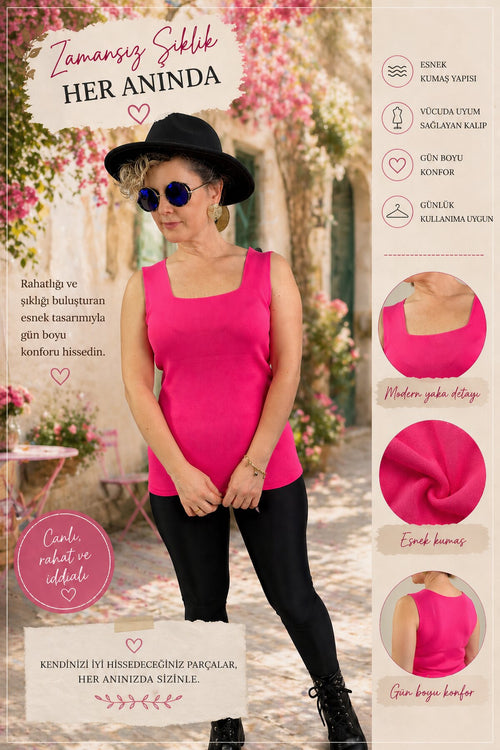 Esline Pembe Kare Yaka Dört Mevsim Triko Atlet