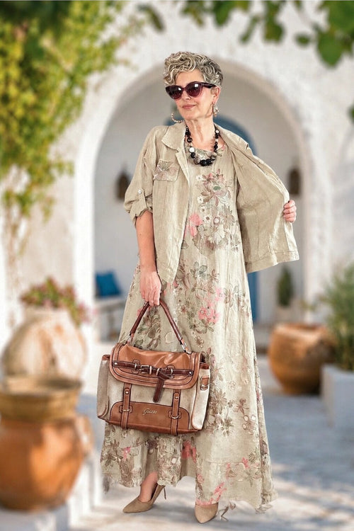 Esse İthal %100 Linen Ceket & Kolsuz Elbise Takımı Beige - Fifty Butik