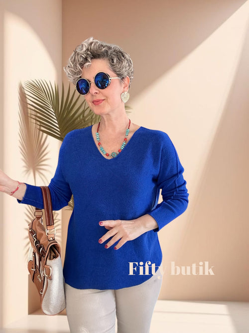 Fikka İtalyan V Yaka Oval Triko Sax Mavi görsel 1