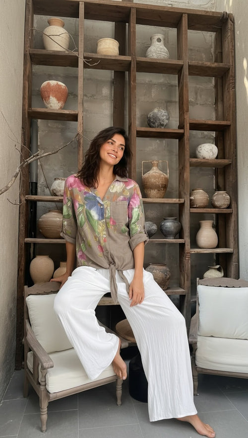 Flora İtalyan Floral Desenli Bağlamalı Linen Gömlek Fango