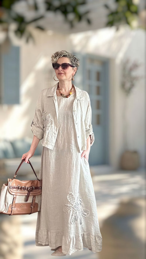 Kubba İthal %100 Linen Ceket & Kolsuz Elbise Takımı Papatya Beige