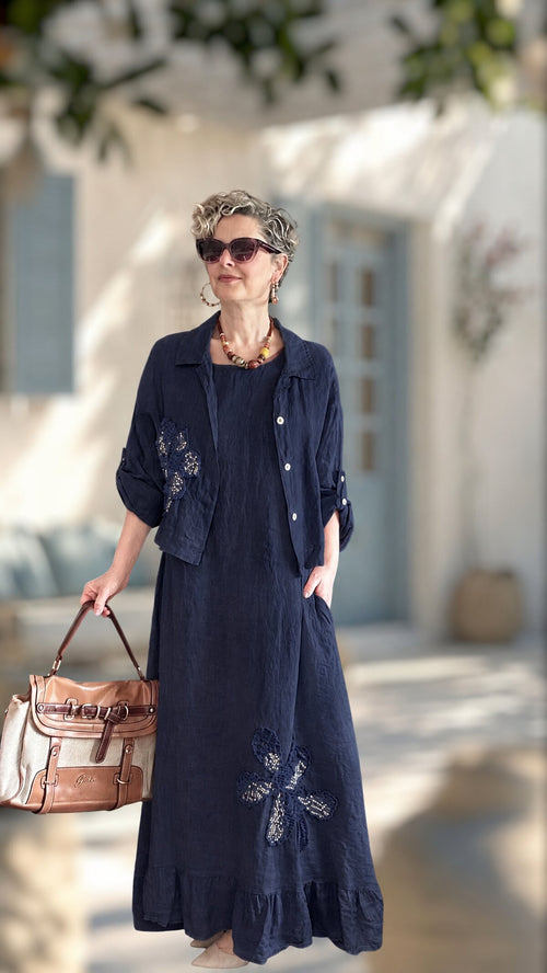 Kubba İthal %100 Linen Ceket & Kolsuz Elbise Takımı Papatya Lacivert