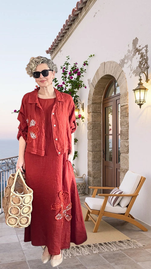 Kubba İthal %100 Linen Ceket & Kolsuz Elbise Takımı Papatya Kiremit
