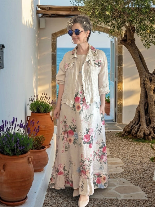 Mengotti | İthal %100 Linen Ceket & Kolsuz Elbise Takımı Beige