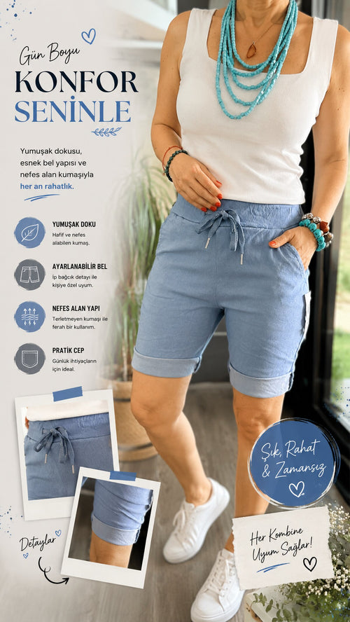 Menton İtalyan Stil Likralı Şort Jeans Mavi