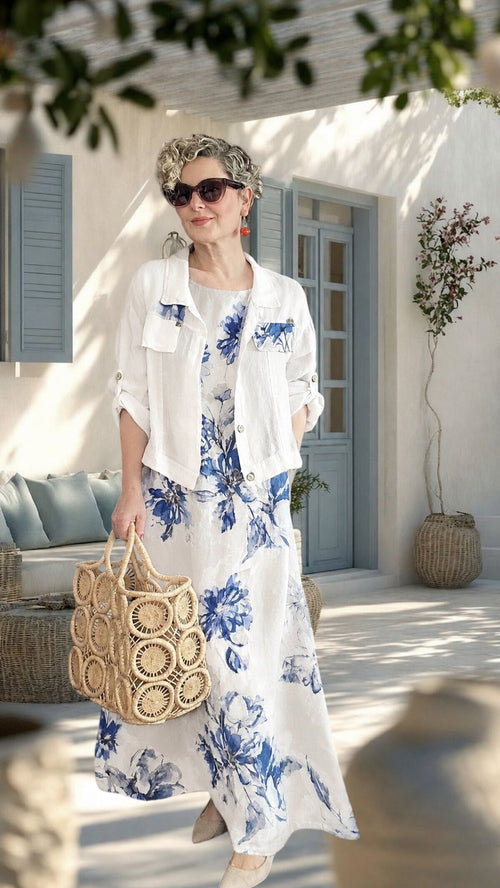 Mikka İthal %100 Linen Ceket & Kolsuz Elbise Takımı Beyaz