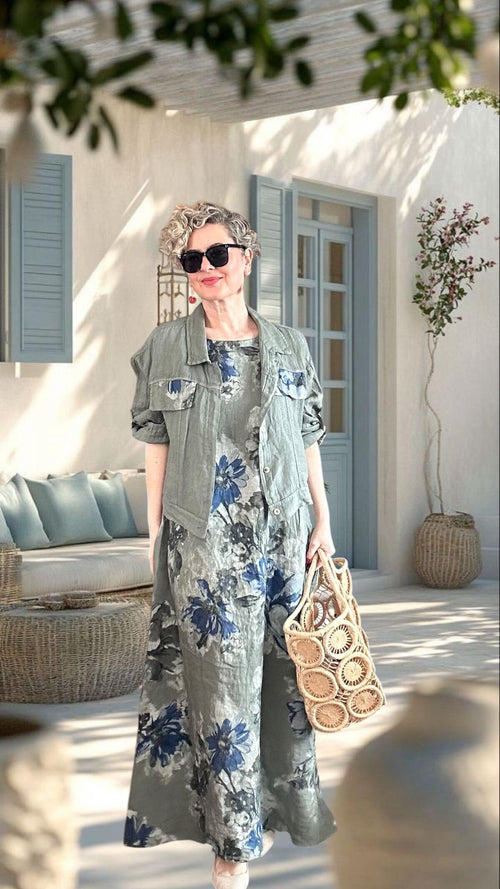 Mikka İthal %100 Linen Ceket & Kolsuz Elbise Takımı Haki