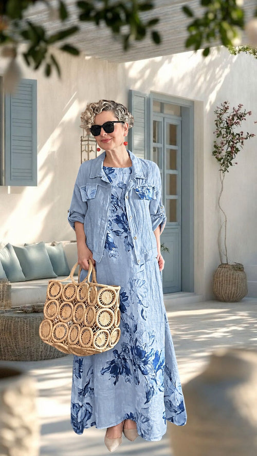 Mikka İthal %100 Linen Ceket & Kolsuz Elbise Takımı Bebe Mavi