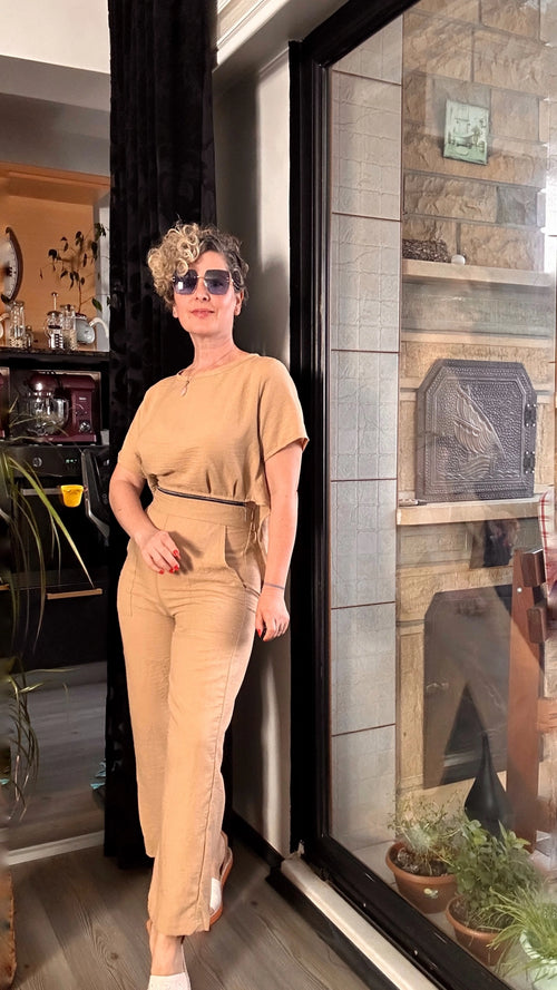 Noce Belden Fermuar Detaylı Tulum Camel