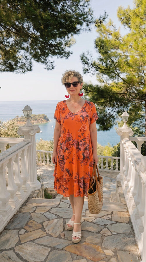 Orfe | İtalyan Lotus Desenli Kat Kat Volanlı Elbise Orange