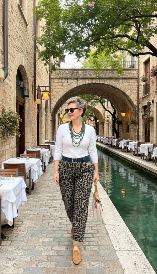 Oyyo İtalyan Deri Kemer Leopar Desen Pantolon Kahverengi