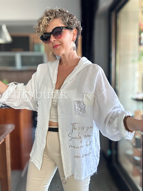 Ranetto İtalyan Vip Kapşon Yazı Detay Ceket Beyaz - Fifty Butik