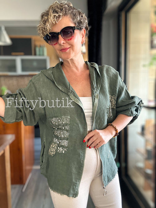 Ranetto İtalyan Vip Kapşon Yazı Detay Ceket Haki - Fifty Butik