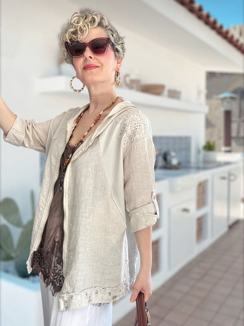 Ratta Fisto İşlemeli Payet Keten Ceket Beige - Fifty Butik