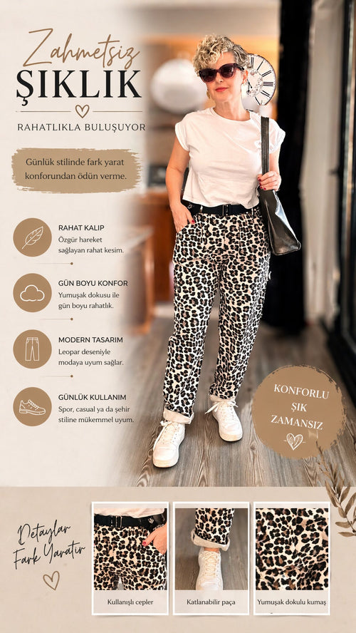 Senly İtalyan Leopar Kemerli Pantolon Bej