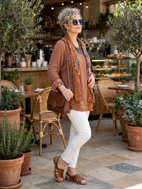 Simma | İthal 3'lü Polo Yaka Bluz, Düz Triko & Çiçek Desenli Fular Takım Terracotta