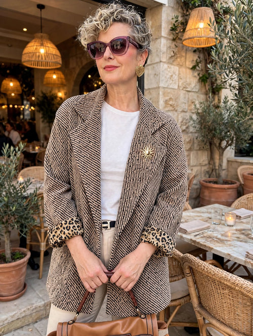 Tigre | İthal Leopar Astarlı Dokulu Blazer Ceket Camel görsel 1