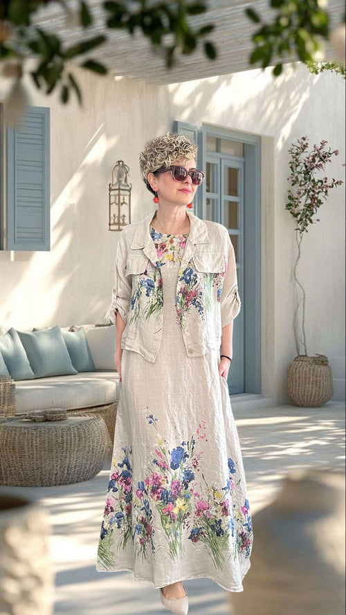 Venno | İthal %100 Linen Ceket & Kolsuz Elbise Takımı Bej
