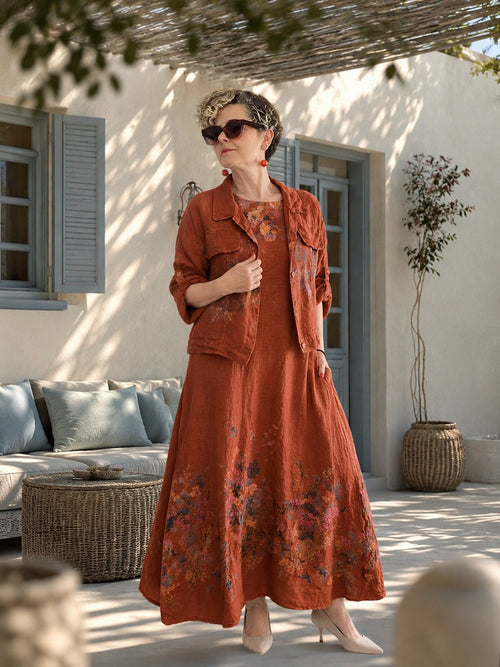 Venno | İthal %100 Linen Ceket & Kolsuz Elbise Takımı Tarçın