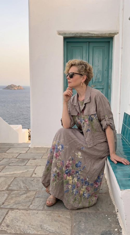 Venno | İthal %100 Linen Ceket & Kolsuz Elbise Takımı Vizon