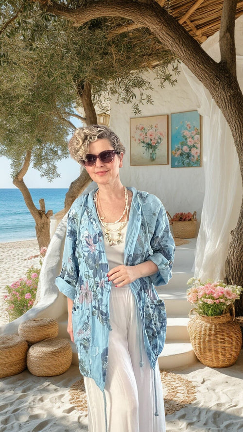 Vinci %100 Linen Kapüşonlu Çiçek Desenli Tasarım Ceket Mavi