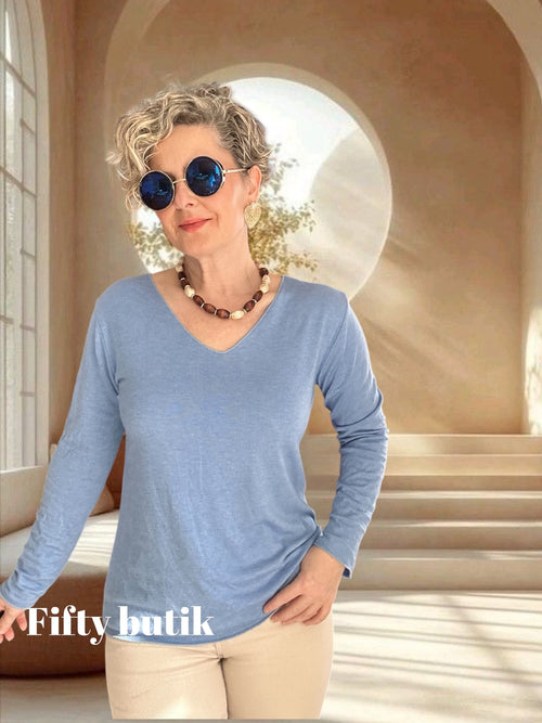 Zanna | İthal Esnek V Yaka Triko Bluz Bebe Mavi görsel 1
