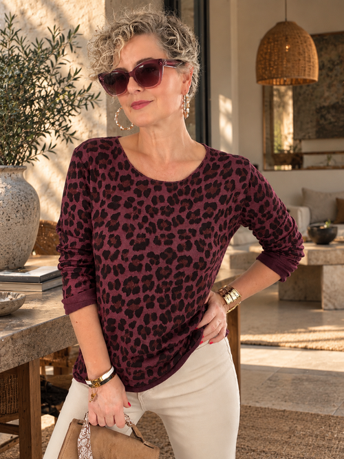 Vera | İthal Leopar Desenli Triko Bluz Bordo