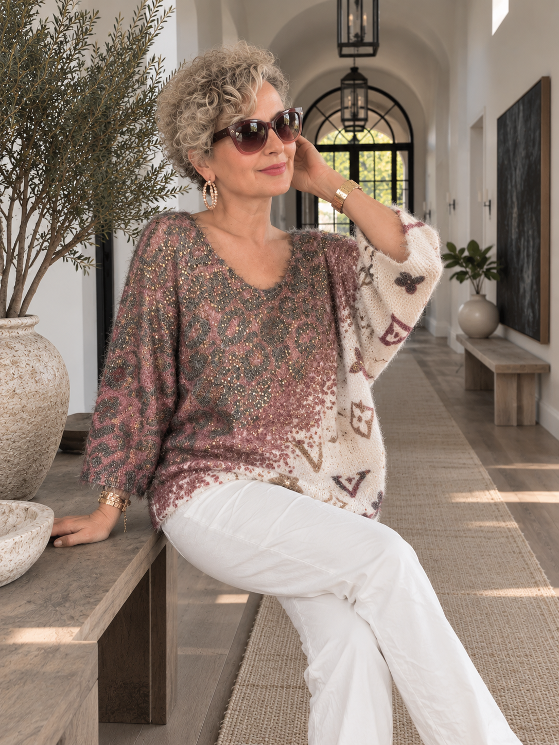 Mirro | İthal Yaldızlı Leopar Desen Truvakar Triko Bluz Bordo