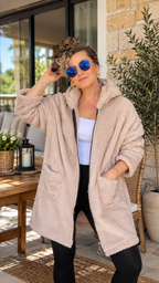 Nessa | Kapüşonlu Oversize Polar Peluş Hırka Açık Bej görsel 3
