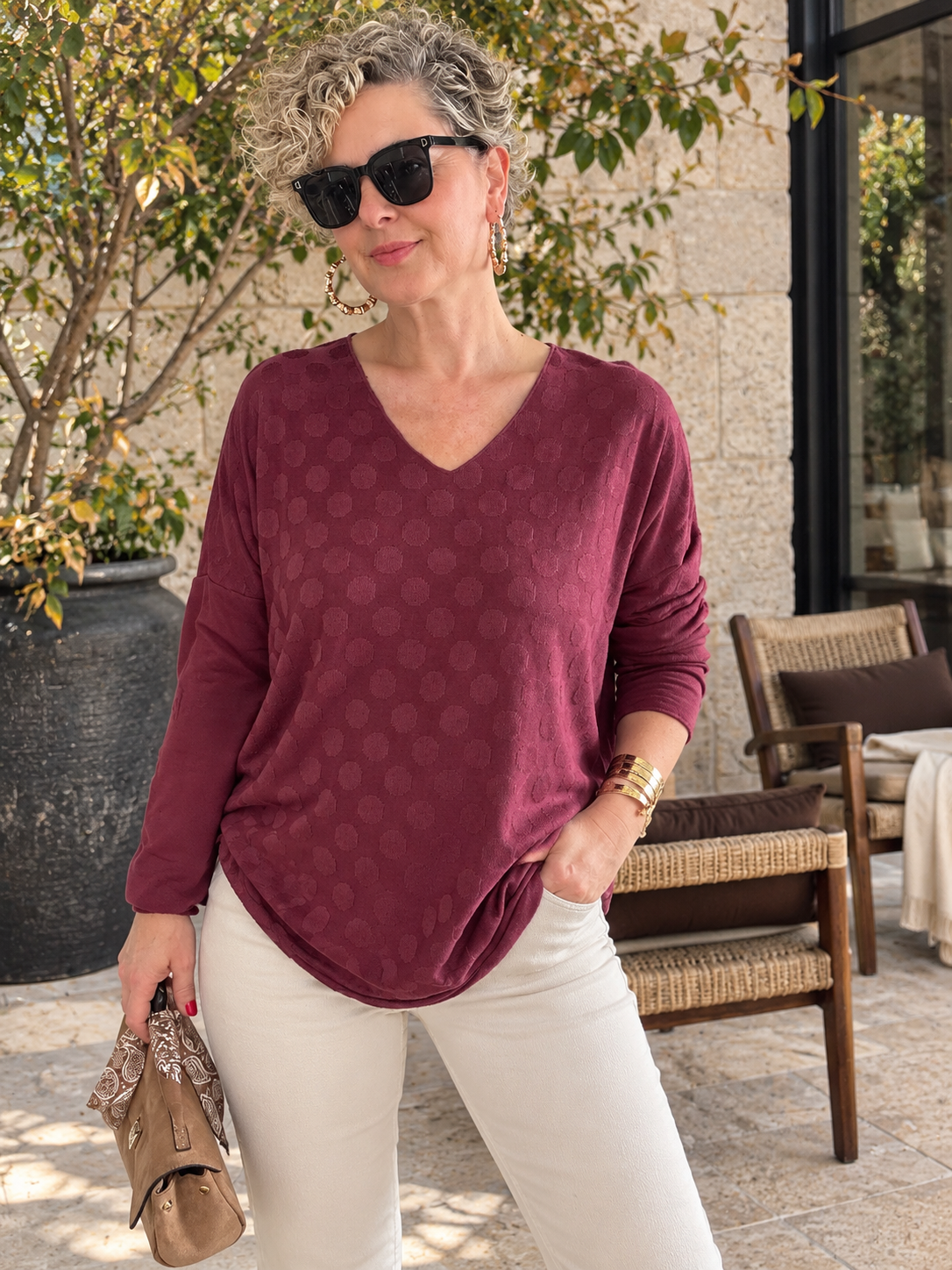 Livo | İthal Puantiye Kabartmalı Angora Triko Bluz Bordo