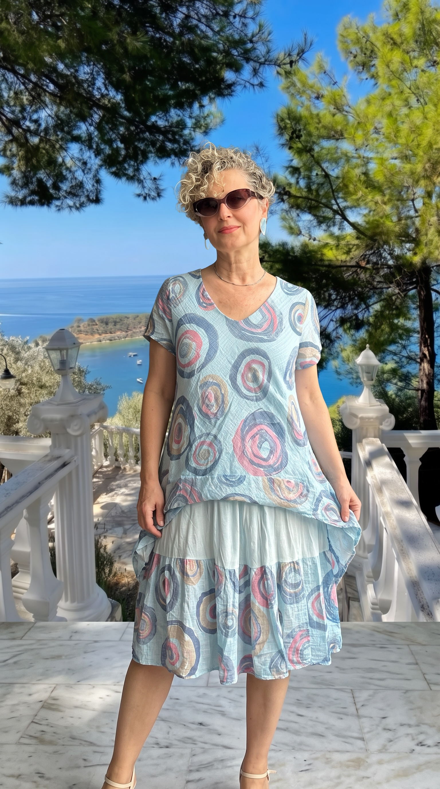 Kalli | İtalyan Spiral Desenli Kat Kat Volanlı Elbise Celeste