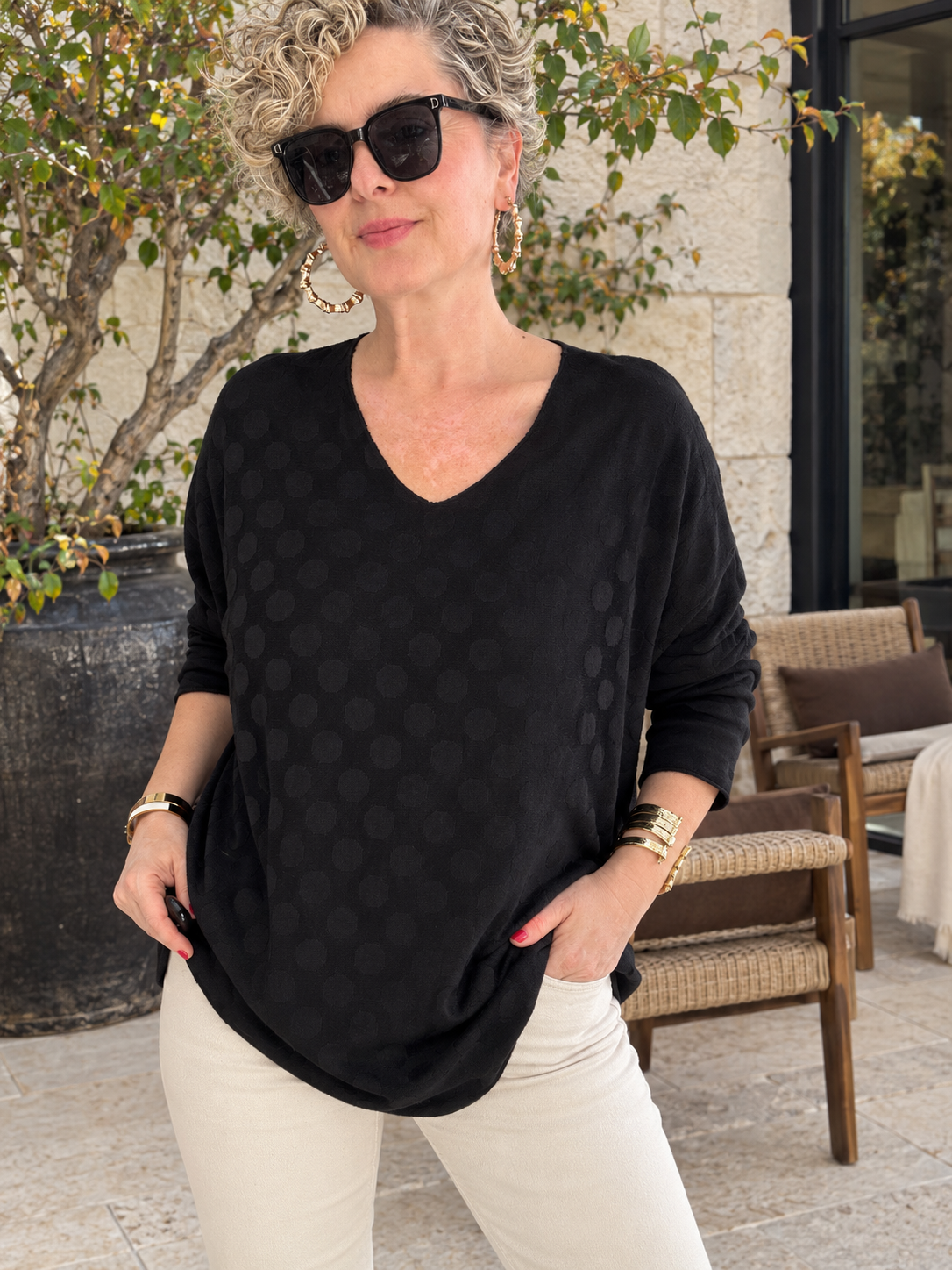 Livo | İthal Puantiye Kabartmalı Angora Triko Bluz Siyah
