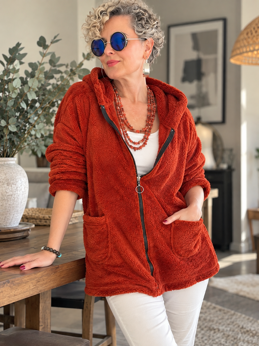 Nessa | Kapüşonlu Oversize Polar Peluş Hırka Kiremit görsel 2