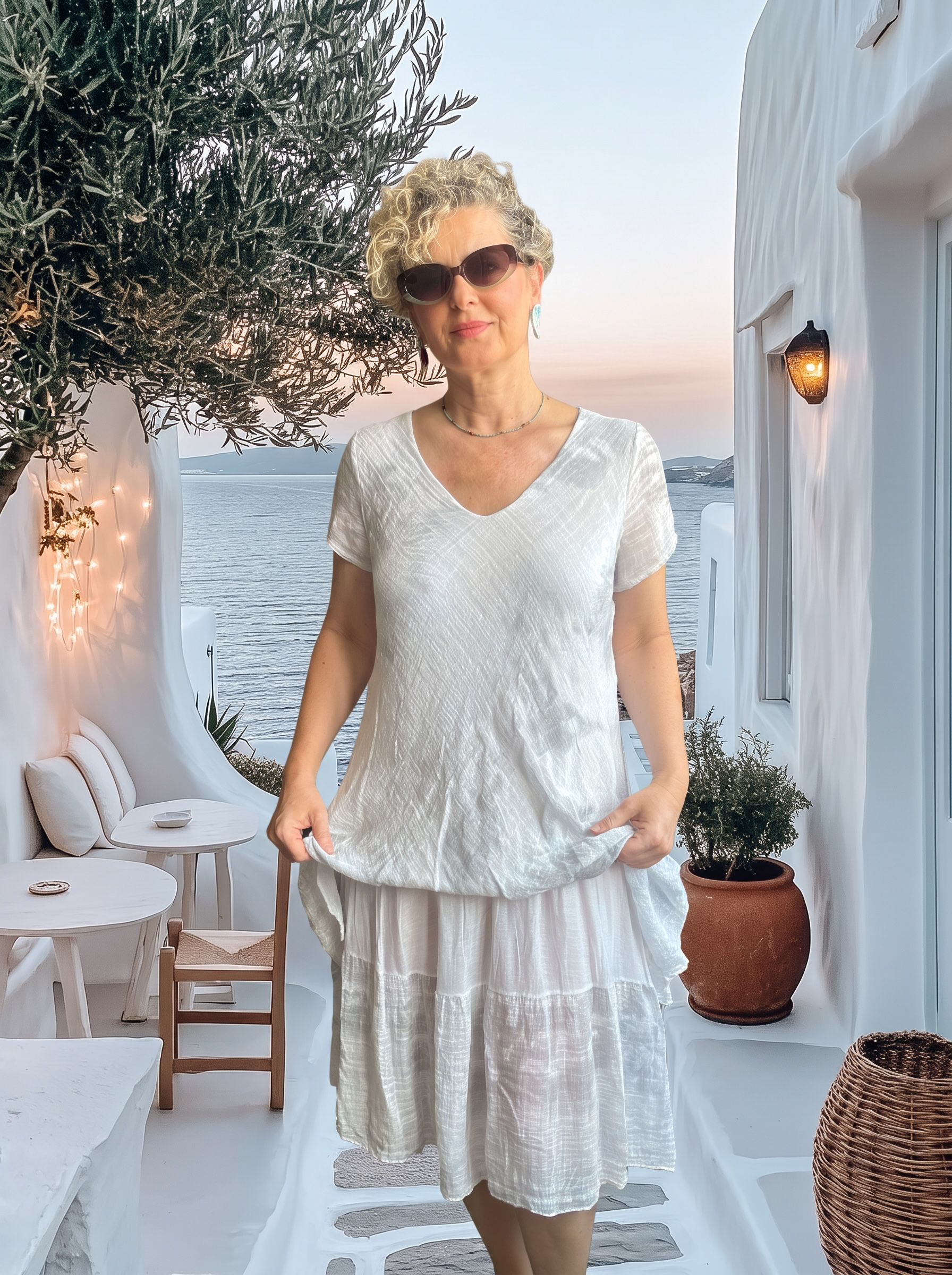 Marry | İtalyan Batik Desenli Kat Kat Volanlı Elbise White