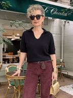 Nube | İthal Yumuşak Dokulu Polo Yaka Triko Bluz Siyah